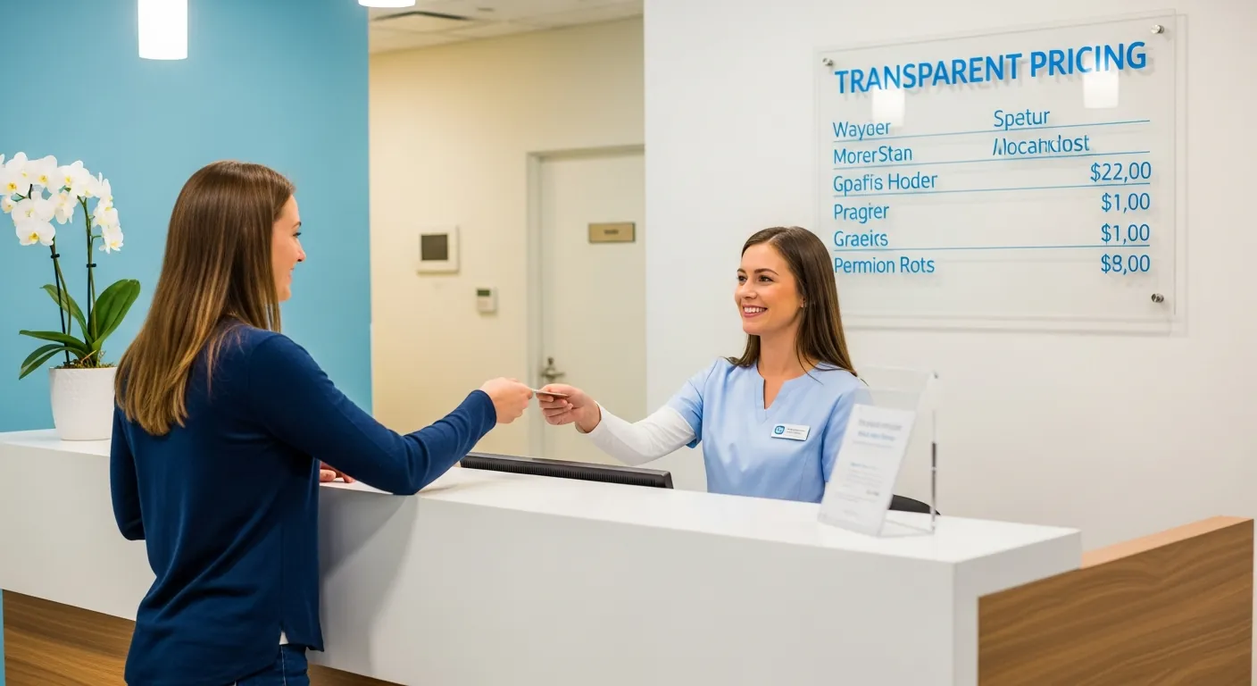 Patient paying at a modern medical office reception desk representing cash pay healthcare