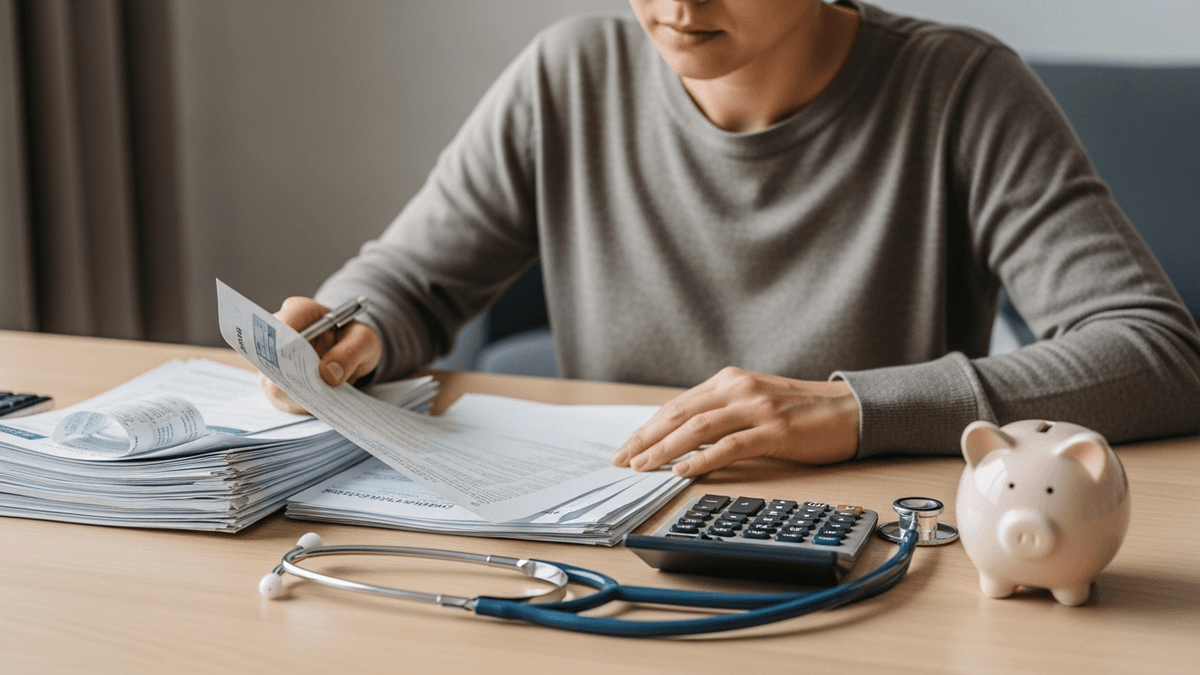 Person at a home desk reviewing medical bills with a calculator and stethoscope nearby