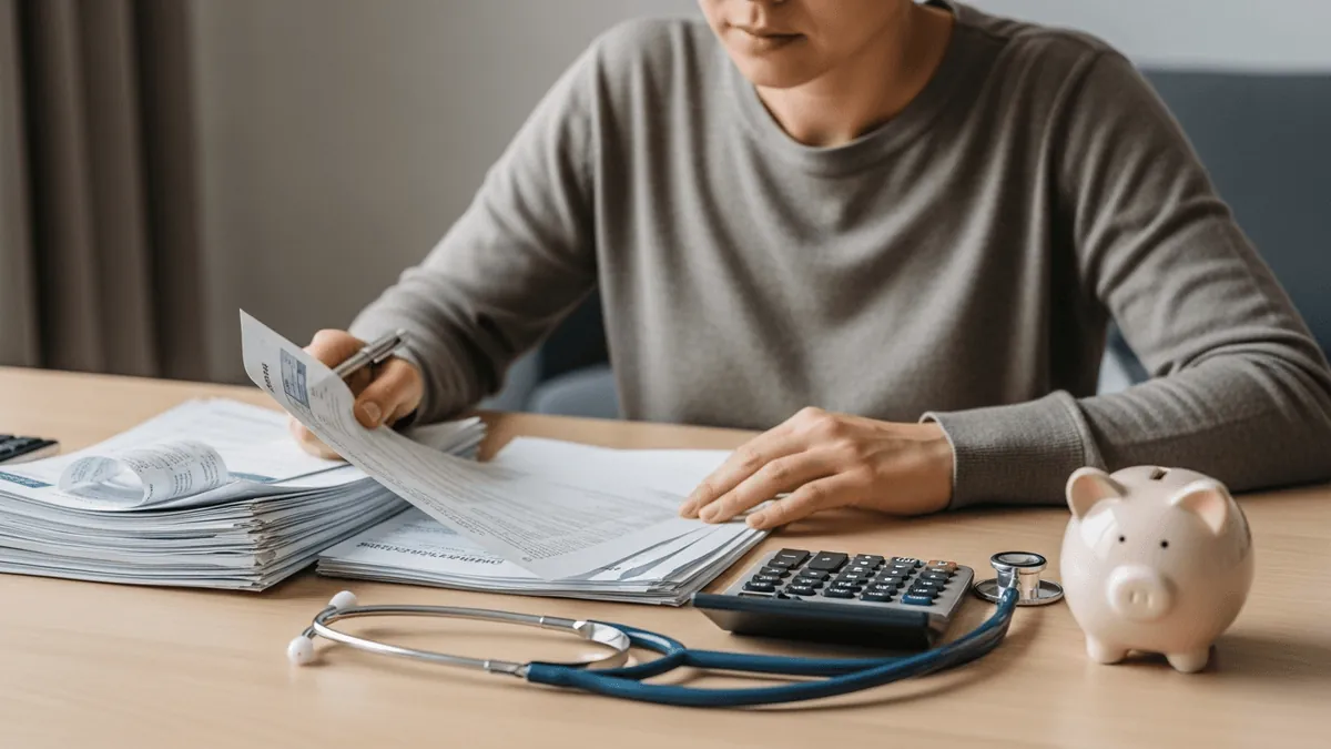Person at a home desk reviewing medical bills with a calculator and stethoscope nearby