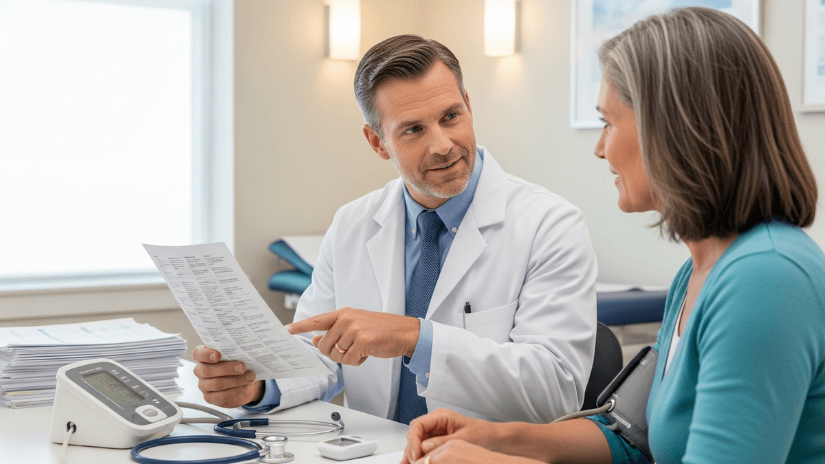 Primary care physician reviewing a blood pressure reading and health charts with a patient in a modern exam room