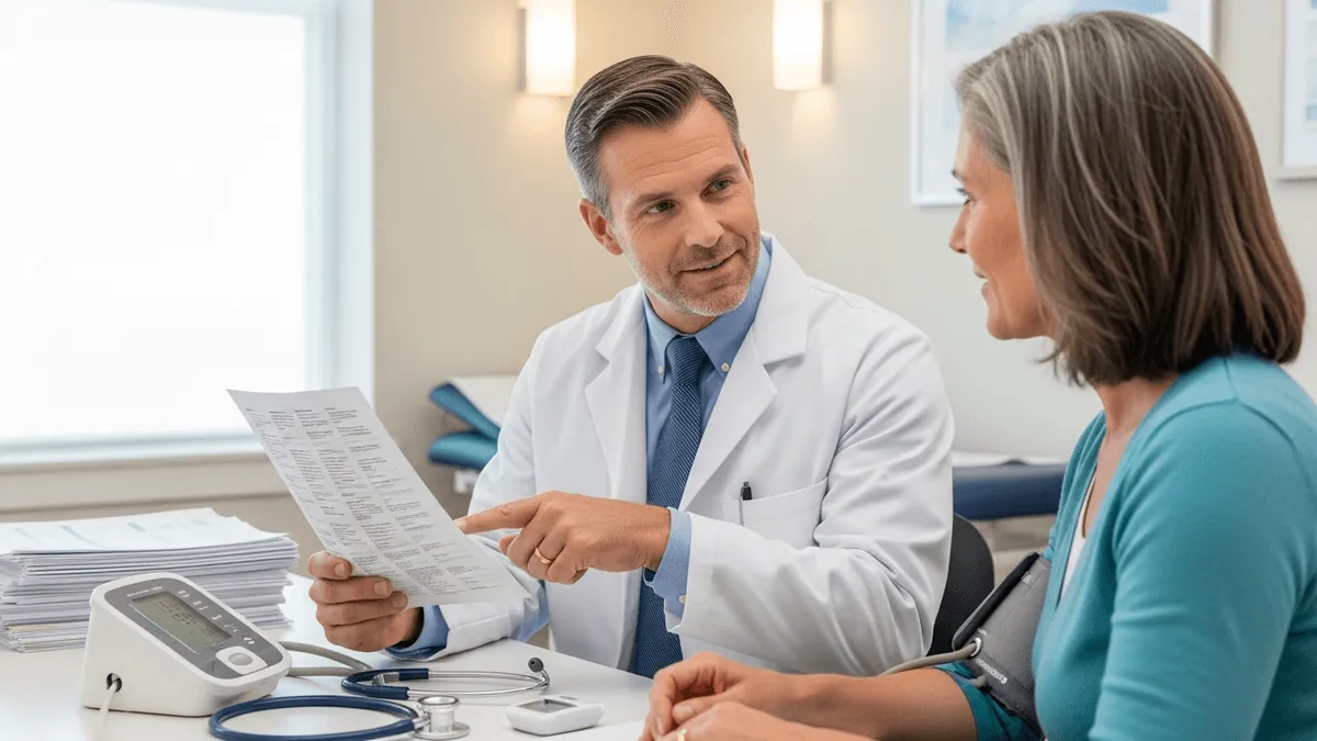 Primary care physician reviewing a blood pressure reading and health charts with a patient in a modern exam room