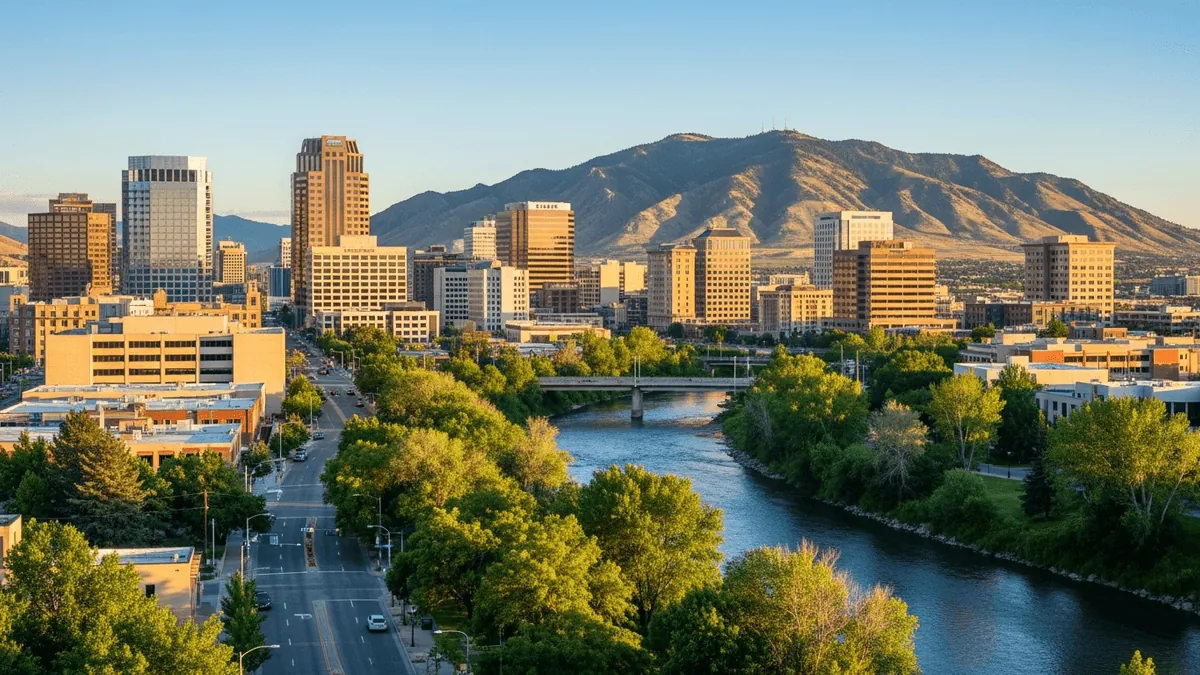 Boise Idaho metropolitan skyline at golden hour with downtown buildings, the Boise River, and the foothills of the Treasure Valley