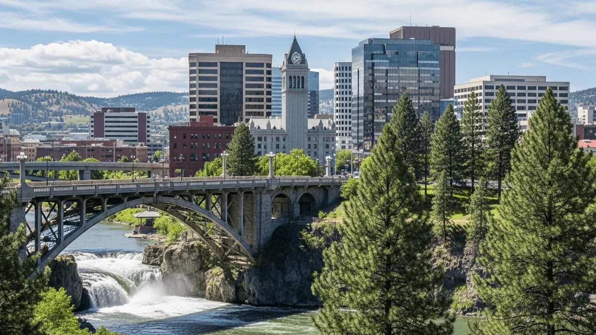 Spokane Washington downtown skyline with the Monroe Street Bridge and Spokane River waterfalls in Riverfront Park