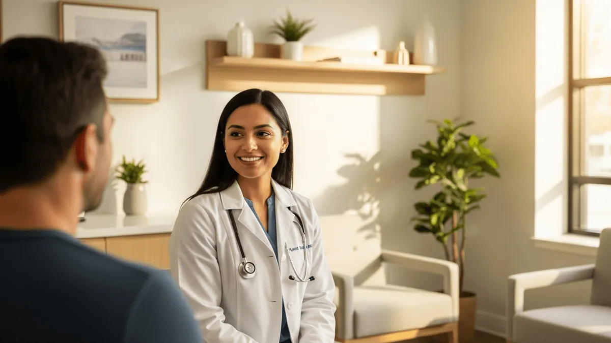 Primary care doctor in a white coat talking with a seated patient in a bright modern clinic