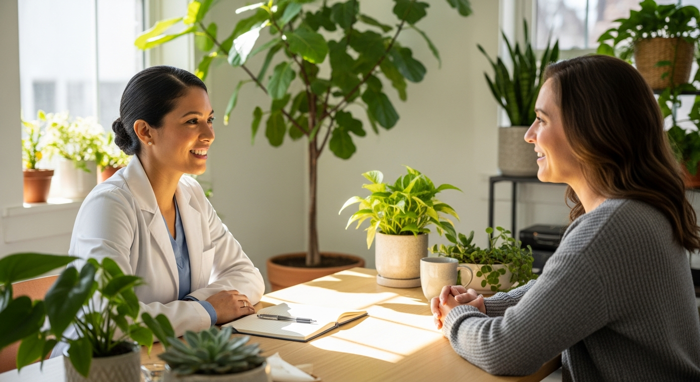 Doctor and patient talking across a desk during an unhurried functional medicine consultation