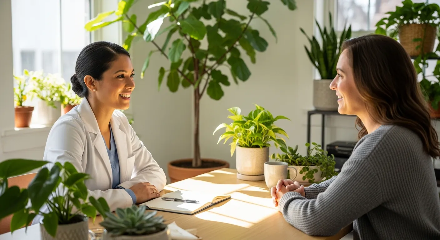 Doctor and patient talking across a desk during an unhurried functional medicine consultation