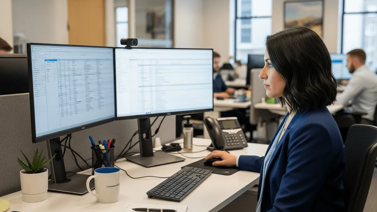 HR benefits administrator working at a dual-monitor workstation in a modern office