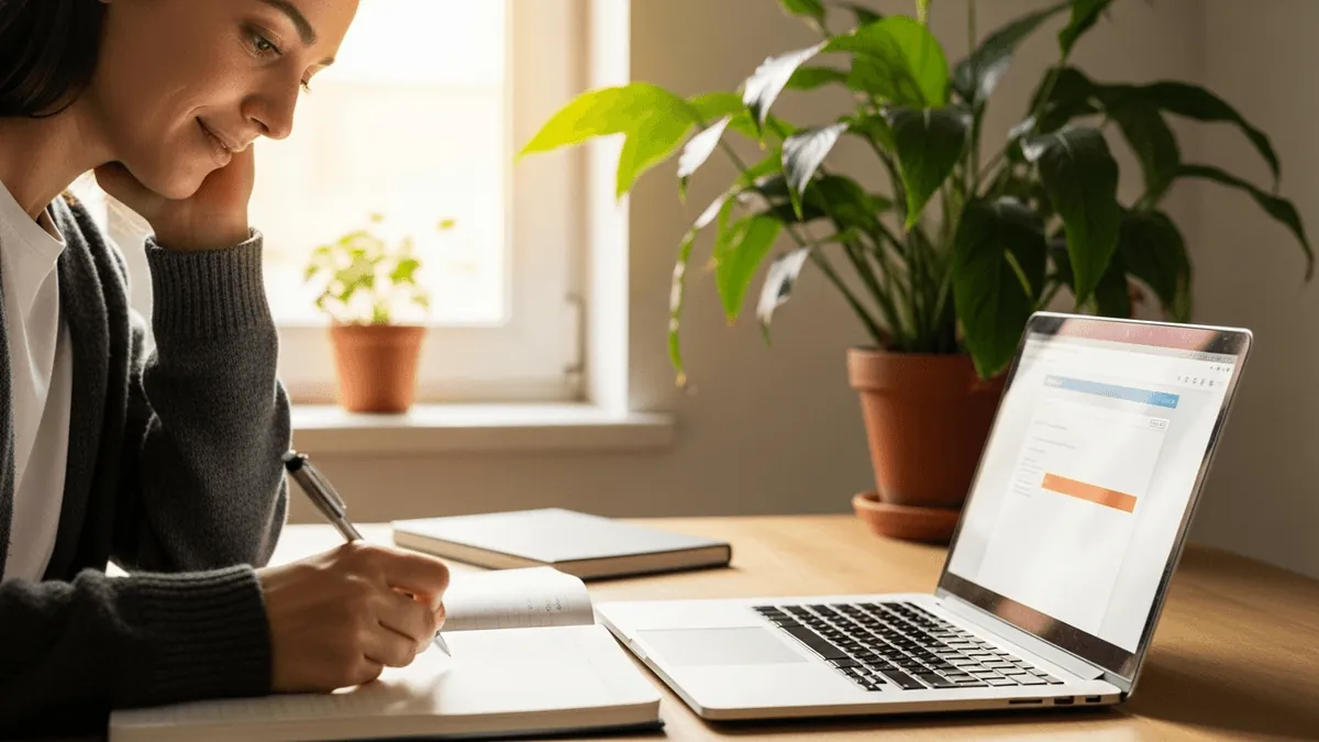 Person at a kitchen table learning the basics of health benefits with a notebook and laptop
