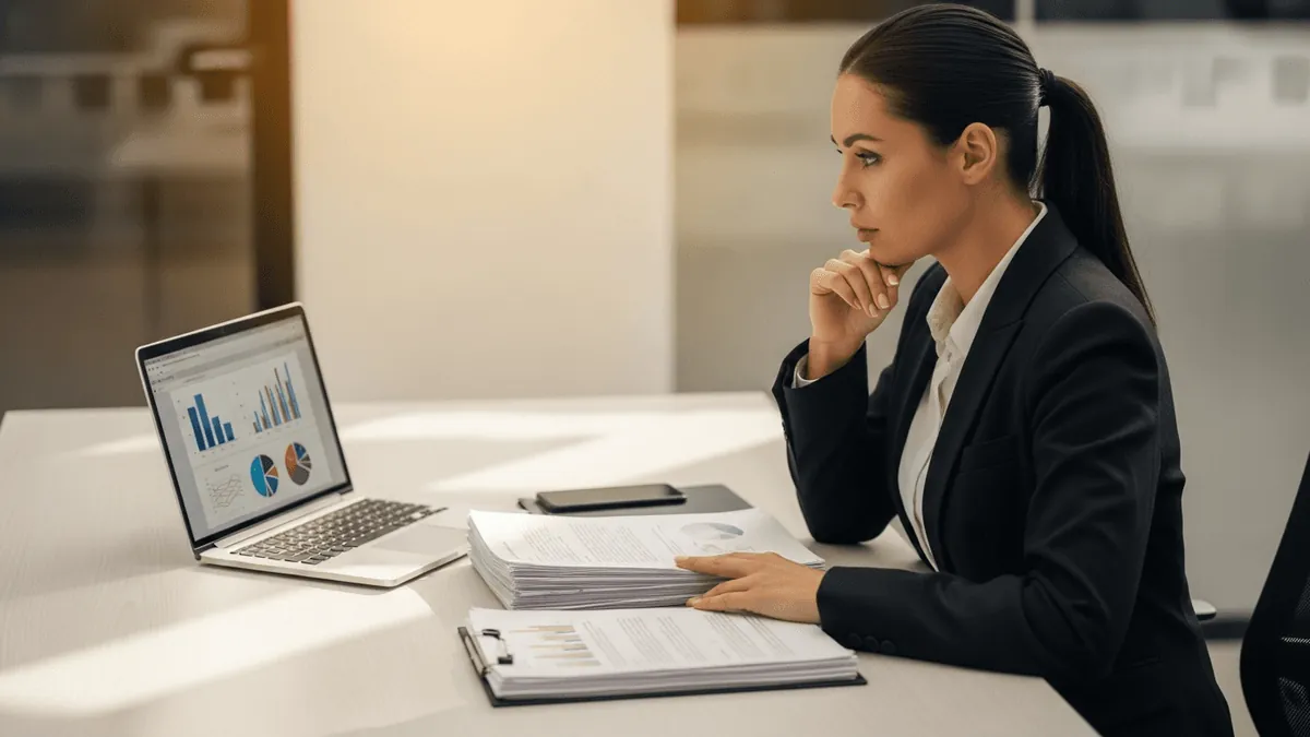 Business owner at a desk weighing two stacks of paperwork while comparing health benefit options