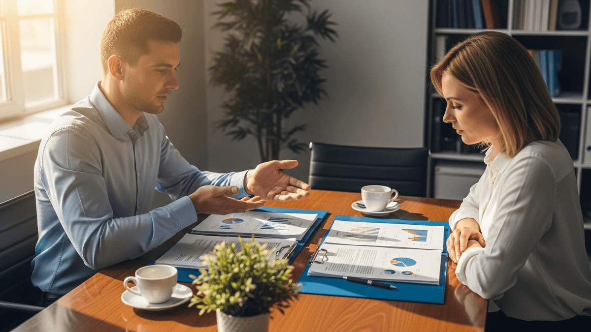 Two business partners comparing two document folders side by side at a conference table