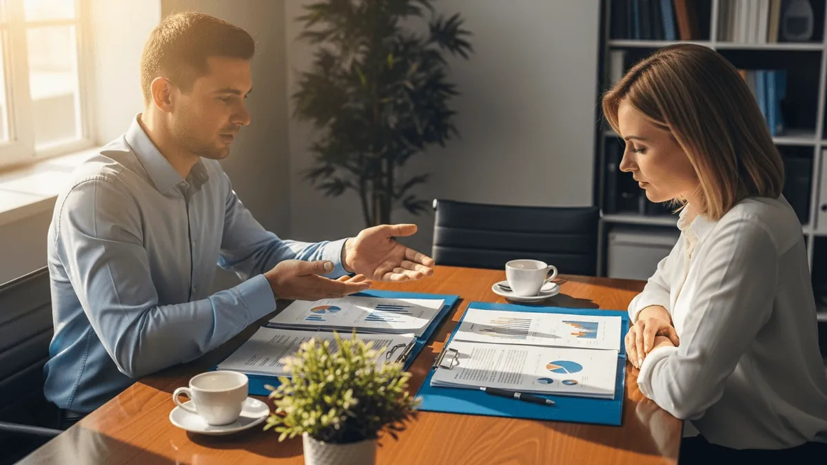 Two business partners comparing two document folders side by side at a conference table