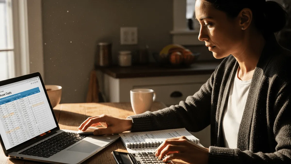 Person at a sunlit kitchen table comparing healthcare costs on a laptop with a calculator and notepad