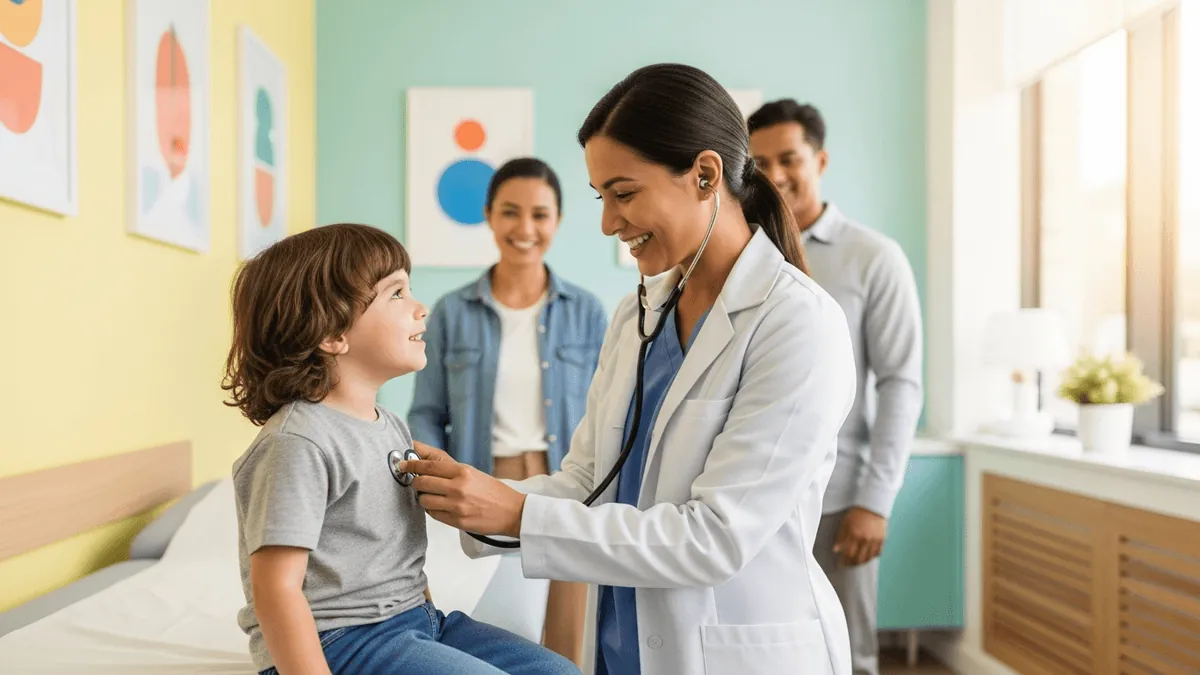 Friendly pediatrician examining a smiling young child with a stethoscope while a parent watches