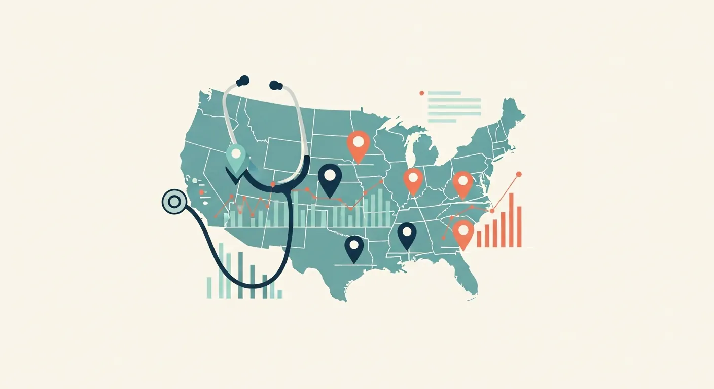 Stylized United States map with location markers and charts representing Direct Primary Care practice data