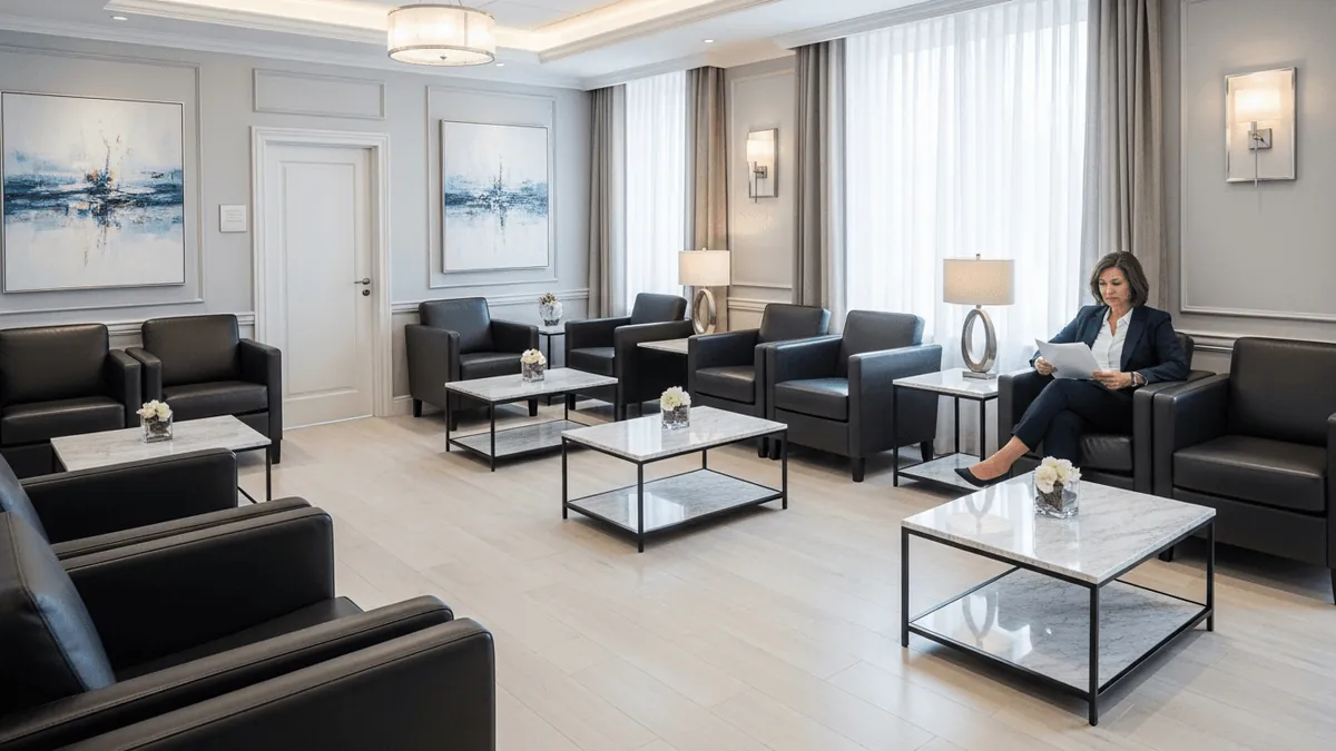 Patient sitting alone in an upscale medical office waiting room looking thoughtfully at paperwork